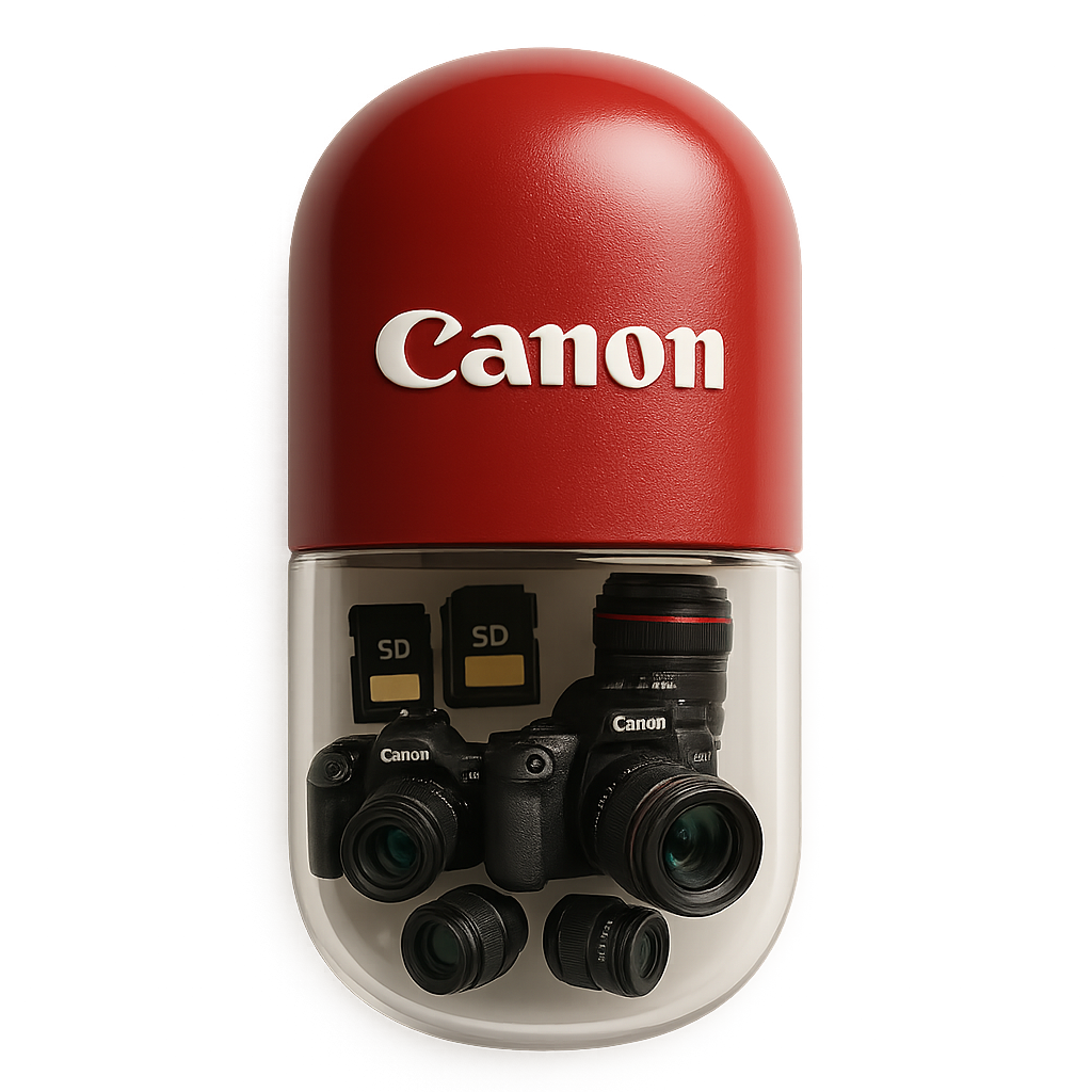 Canon futuristic AI capsule design featuring sleek red and black aesthetics, inspired by camera lenses, photography, and cutting-edge imaging technology