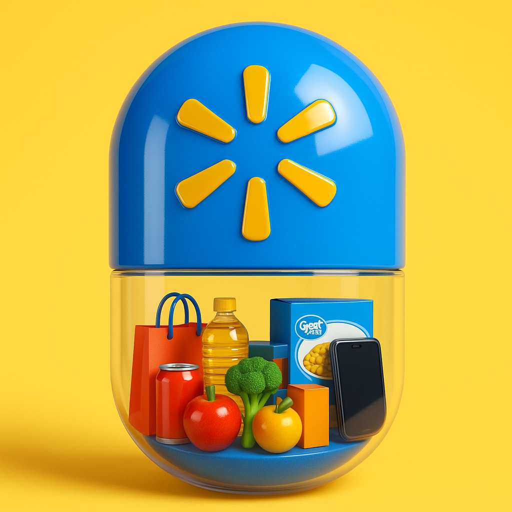 Walmart futuristic AI capsule design featuring sleek blue and white tones, digital shopping cart elements, and a modern retail-tech aesthetic