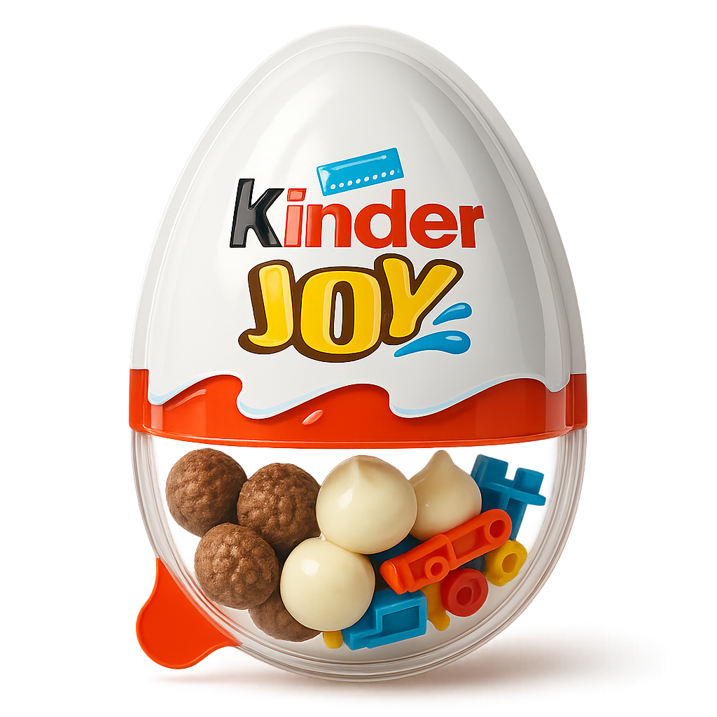 Kinder Joy futuristic AI capsule design showcasing its iconic egg shape, playful dual-flavor concept, futuristic packaging with a techy twist, and child-friendly innovation