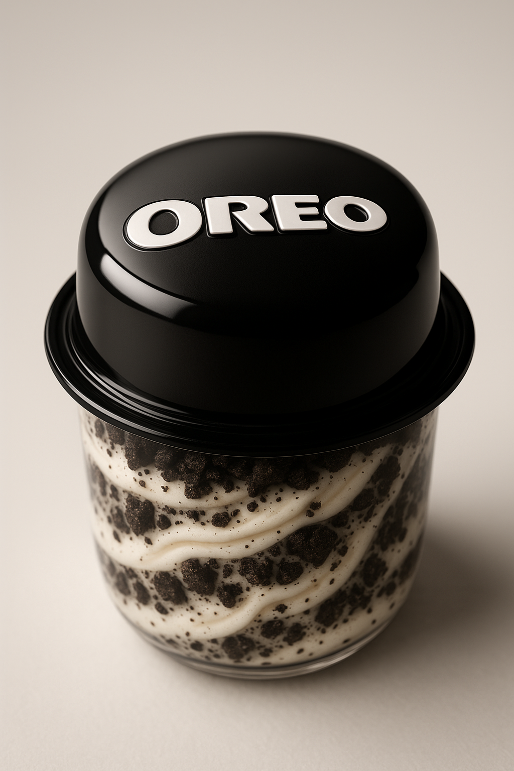 Oreo futuristic AI capsule design blending playful cookie aesthetics with sleek, modern technology
