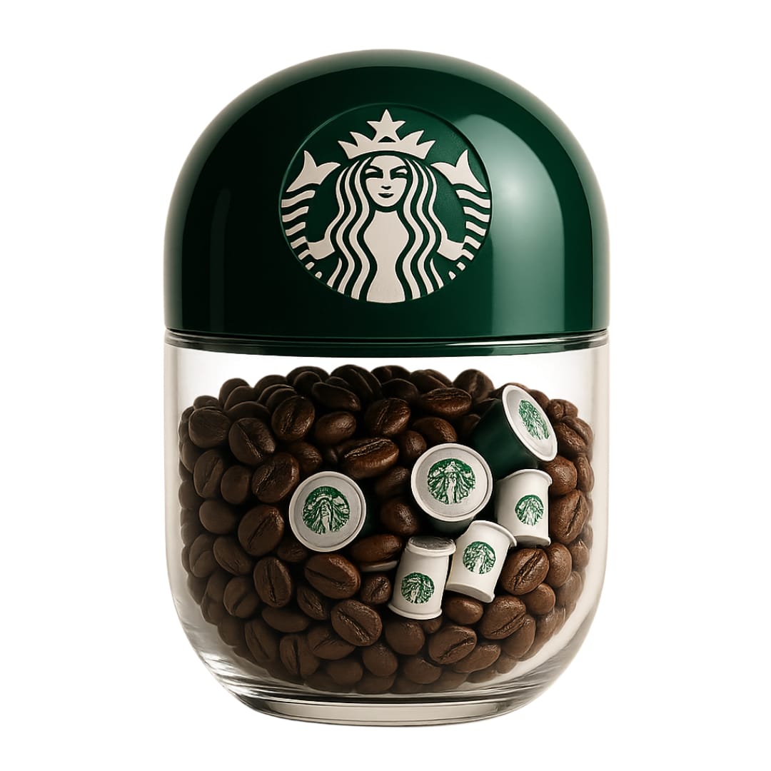 Starbucks futuristic AI capsule design featuring modern coffee pod aesthetics with premium, tech-forward elements