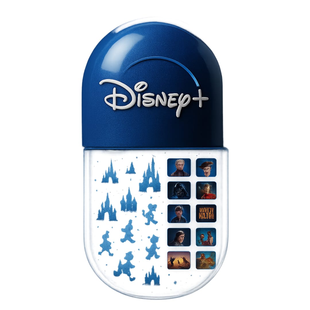 Disney+ futuristic AI capsule design with a magical, cinematic theme featuring glowing blue hues, iconic Disney characters, and a tech-inspired streaming aesthetic