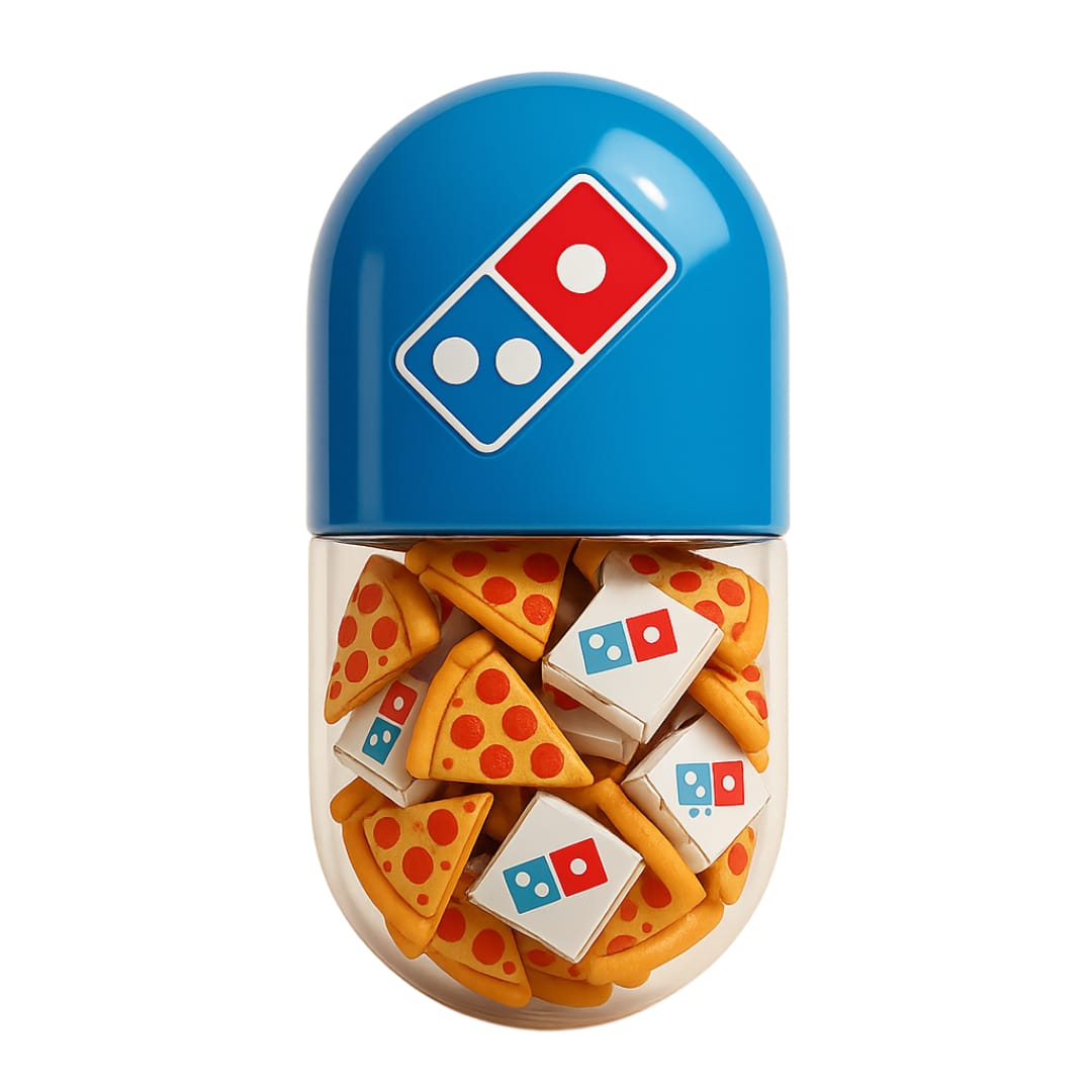 Domino’s futuristic AI capsule design featuring pizza-inspired motifs, bold red and blue colors, and tech-enhanced delivery themes