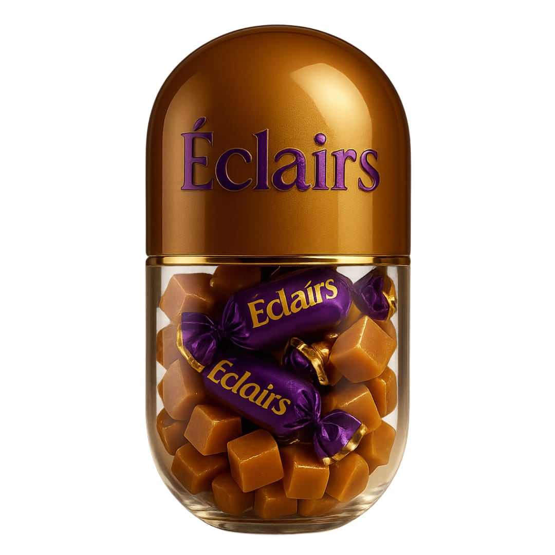 Eclairs futuristic AI capsule design with a sleek, candy-inspired look blending innovation and indulgence