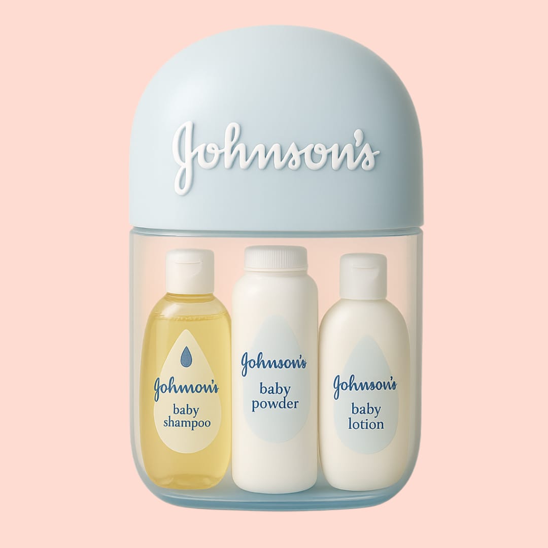 Johnson’s Baby futuristic AI capsule design featuring soft pastel colors, baby care icons, and a gentle, nurturing aesthetic blended with advanced technology themes