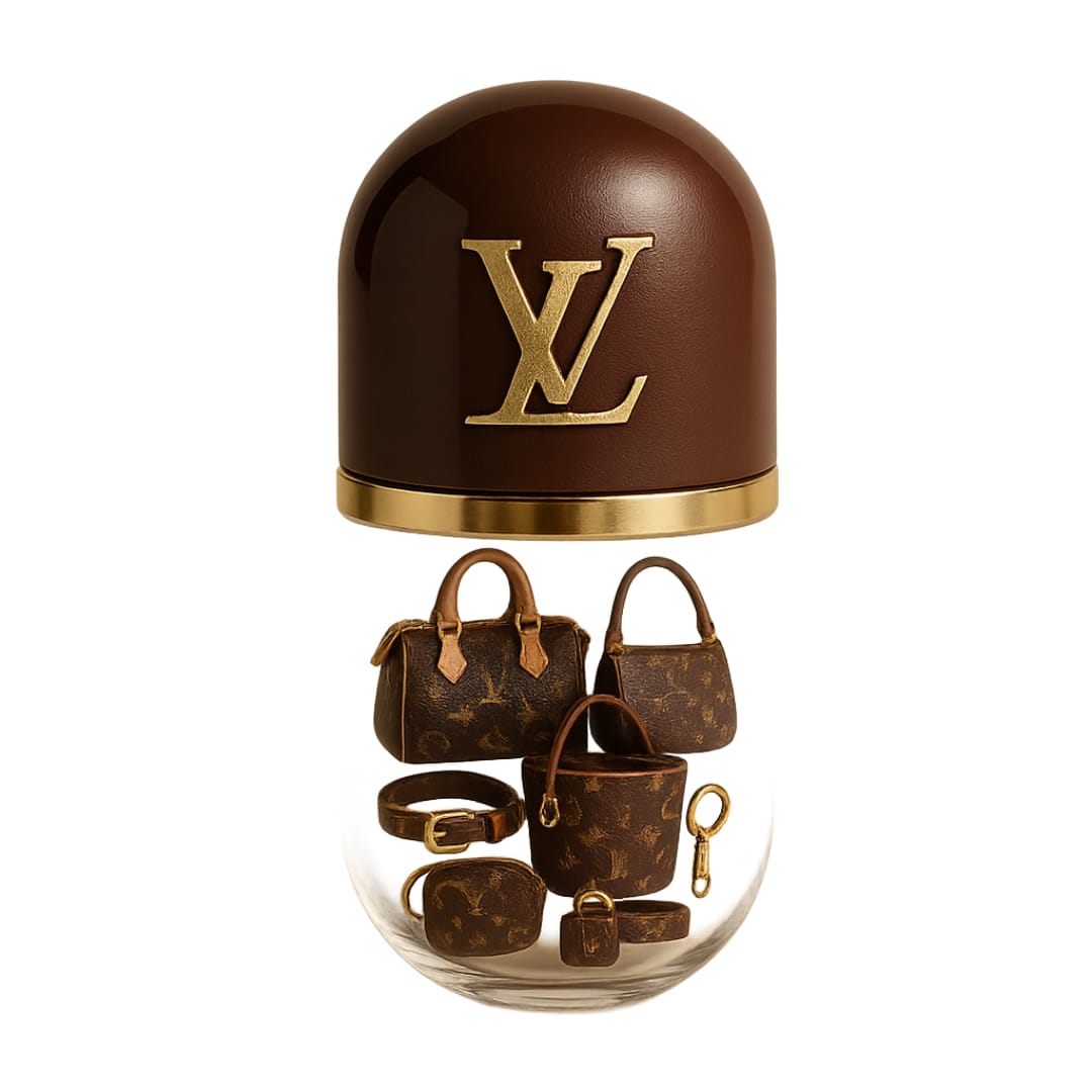 Louis Vuitton futuristic AI capsule design with luxury aesthetics, elegant metallic finish, and signature monogram styling