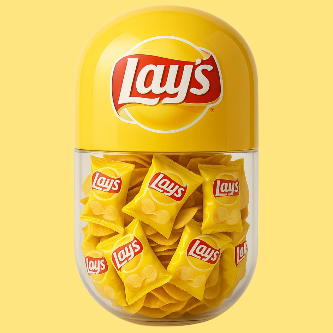 Lays futuristic AI capsule design with vibrant, chip-inspired packaging and a playful tech aesthetic