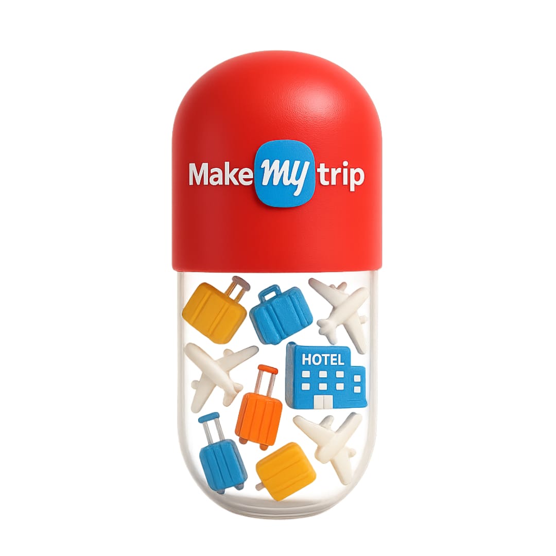 MakeMyTrip futuristic AI capsule design with vibrant travel icons, flight and hotel motifs, and a sleek tech-infused design reflecting global exploration