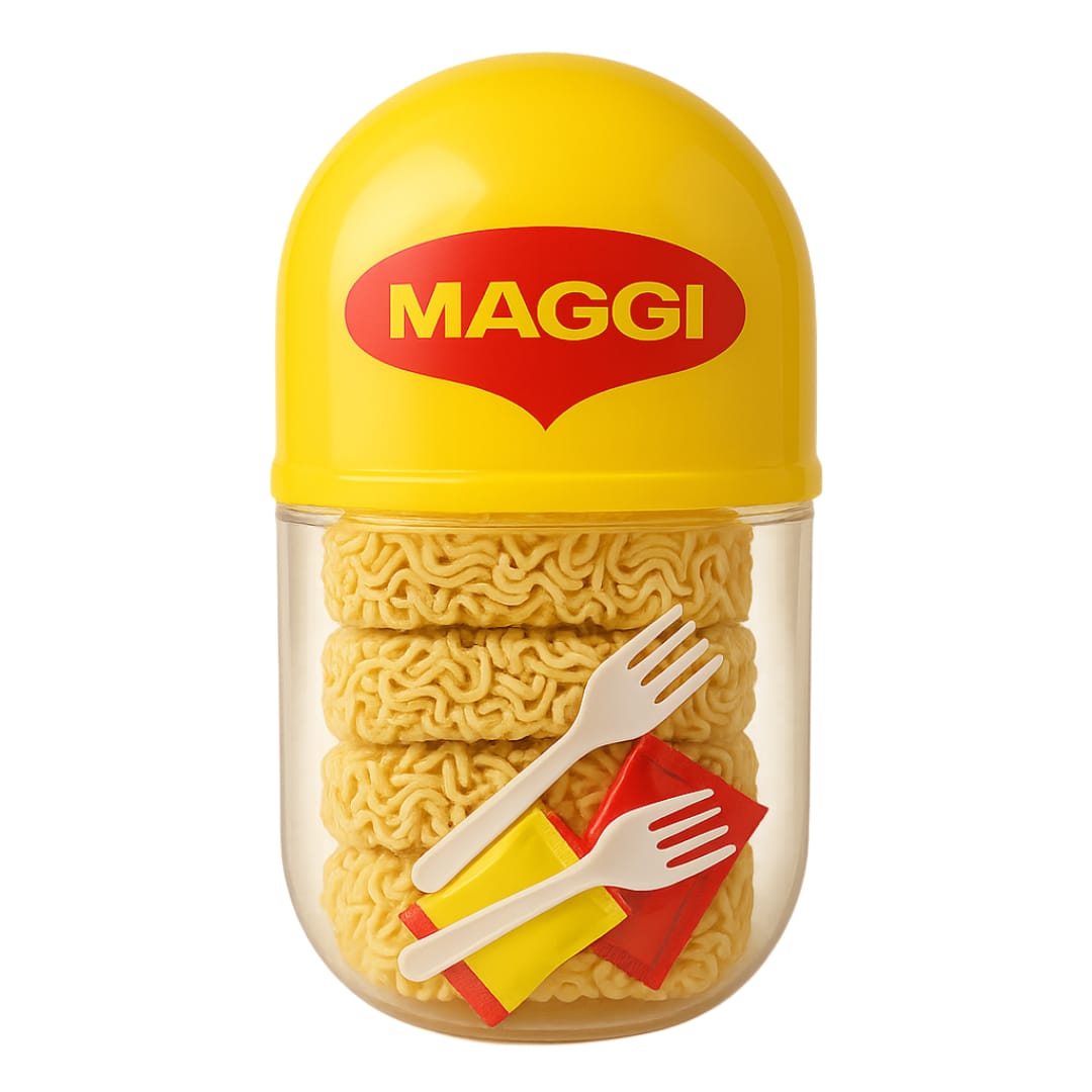 Maggi futuristic AI capsule design with iconic yellow and red branding, instant noodle visuals, and a modern tech-inspired twist highlighting flavor and innovation