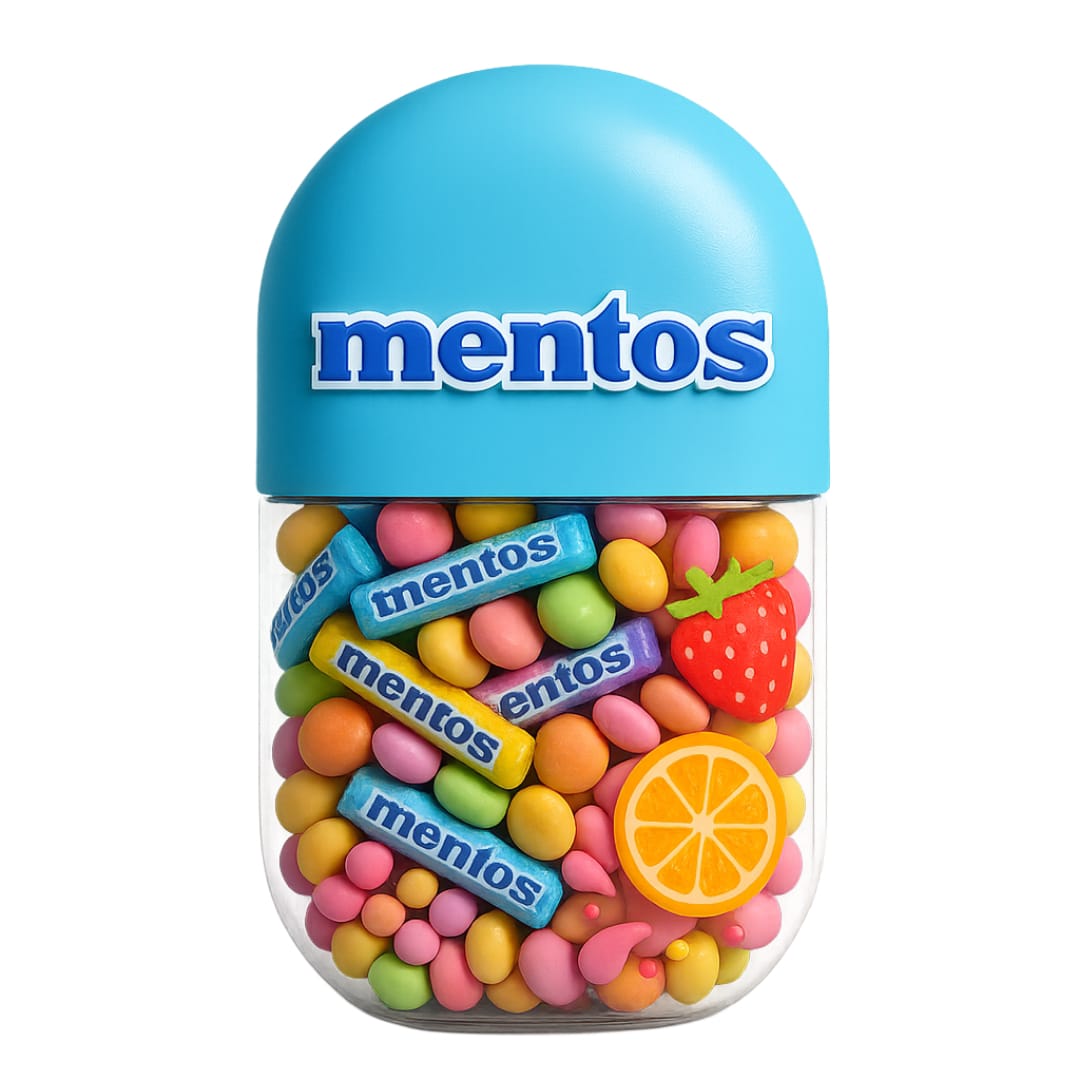 Mentos futuristic AI capsule design with sleek cylindrical shapes, minimalistic silver-blue aesthetics, smart freshness technology, and a modern twist on the classic mint packaging