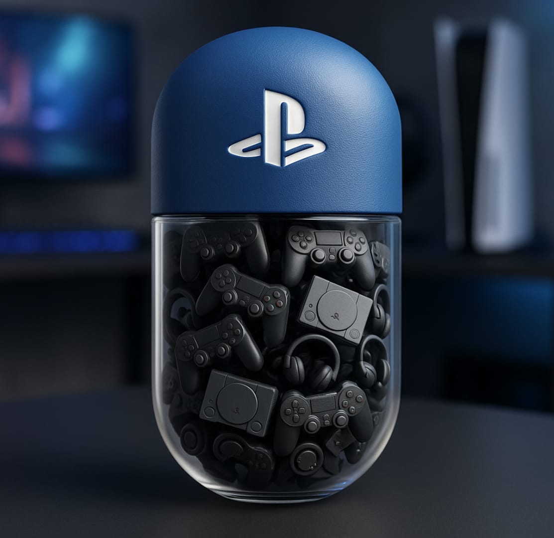 Sony PlayStation futuristic AI capsule design inspired by gaming elements, featuring sleek curves, glowing accents, and iconic PlayStation symbols