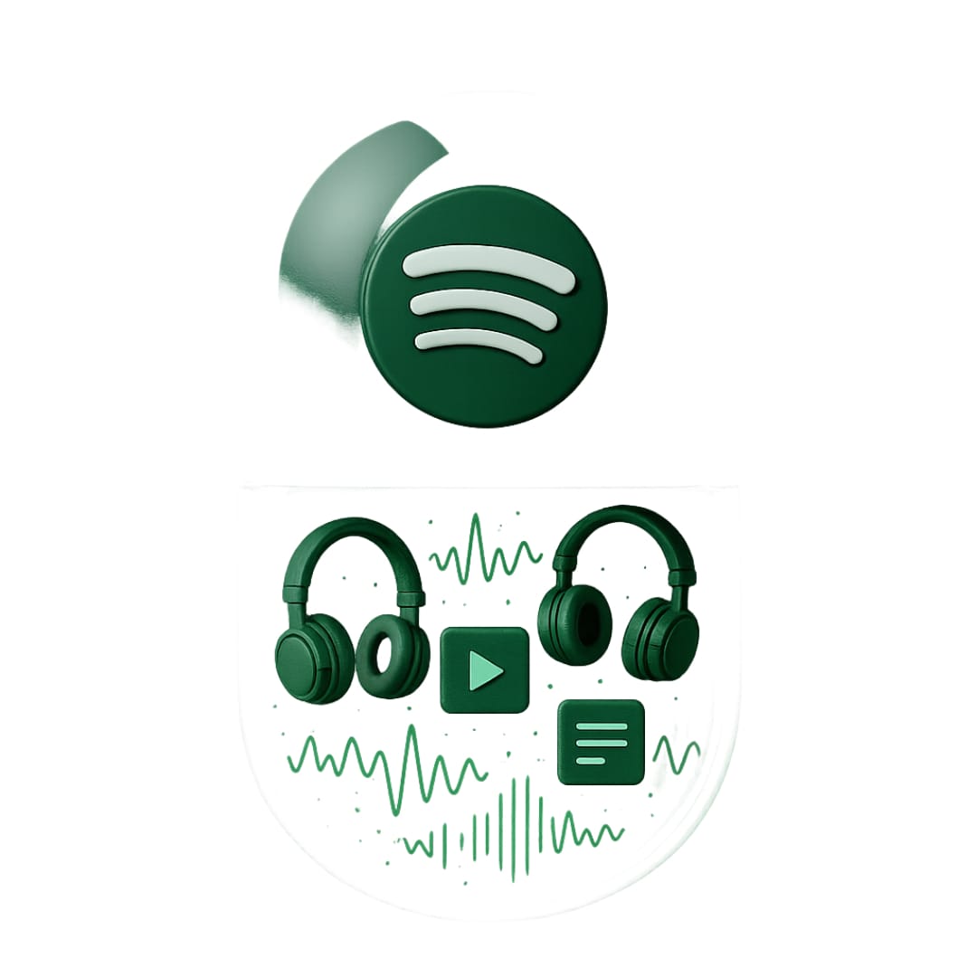 Spotify futuristic AI capsule design featuring sleek soundwave patterns, vibrant green highlights, and immersive audio-inspired aesthetics