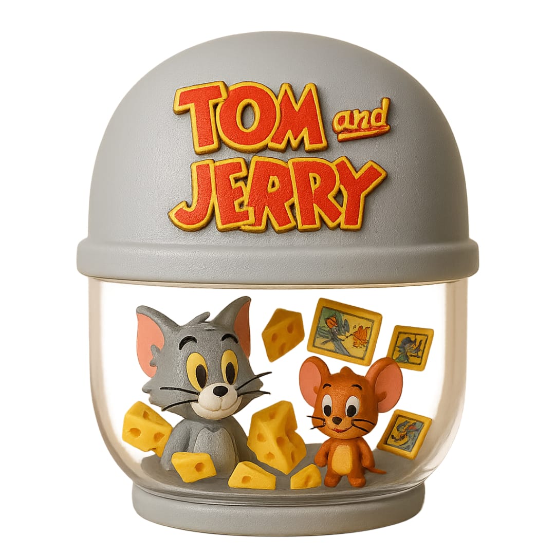 Tom and Jerry futuristic AI capsule design featuring animated character elements, playful chase scenes reimagined in a high-tech capsule format, and vibrant cartoon-inspired aesthetics